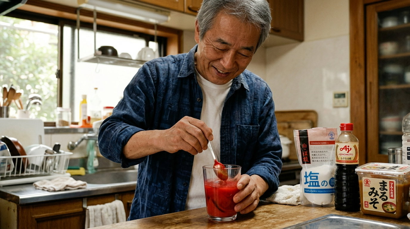 Kenji preparing his Japanese 'Red Vitamin' drink in his kitchen